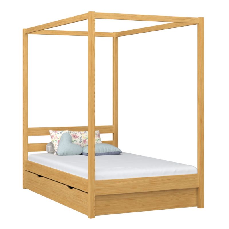 Drewniane łóżko N-WOOD pojedyncze z baldachimem i szufladą N01 sosna naturalna 80x180 1szt.