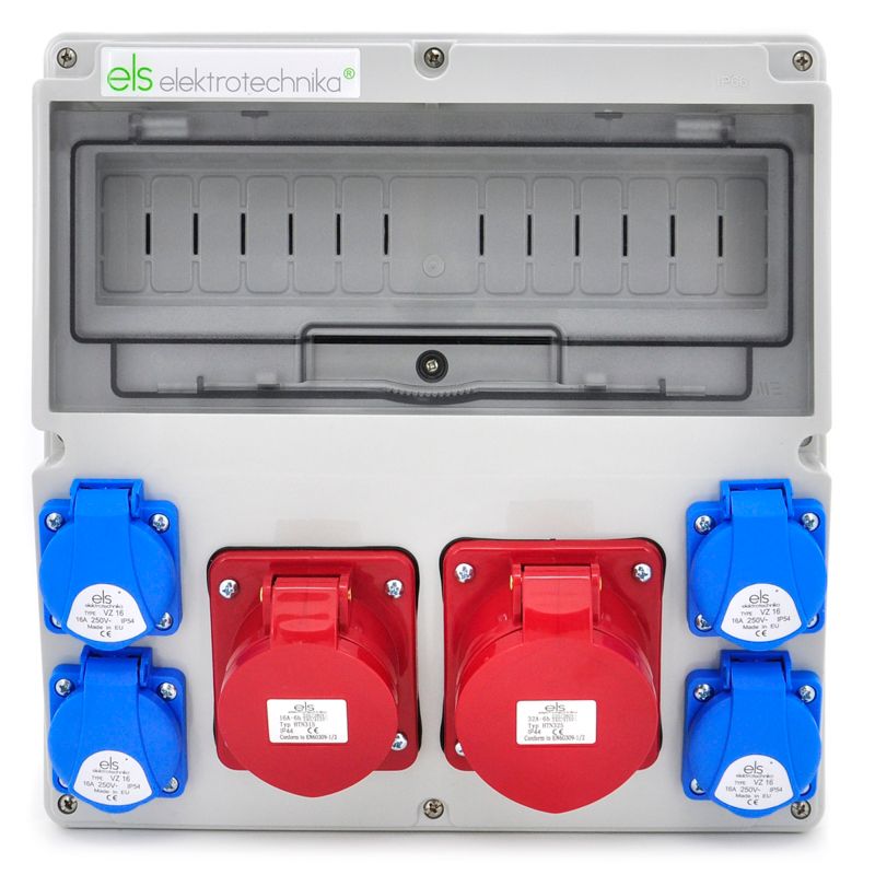 Rozdzielnica budowlana 14-polowa ELS Elektrotechnika 14NO411 4x230V 16A/5 32A/5 okablowana, obudowa naścienna IP66, 1 szt.