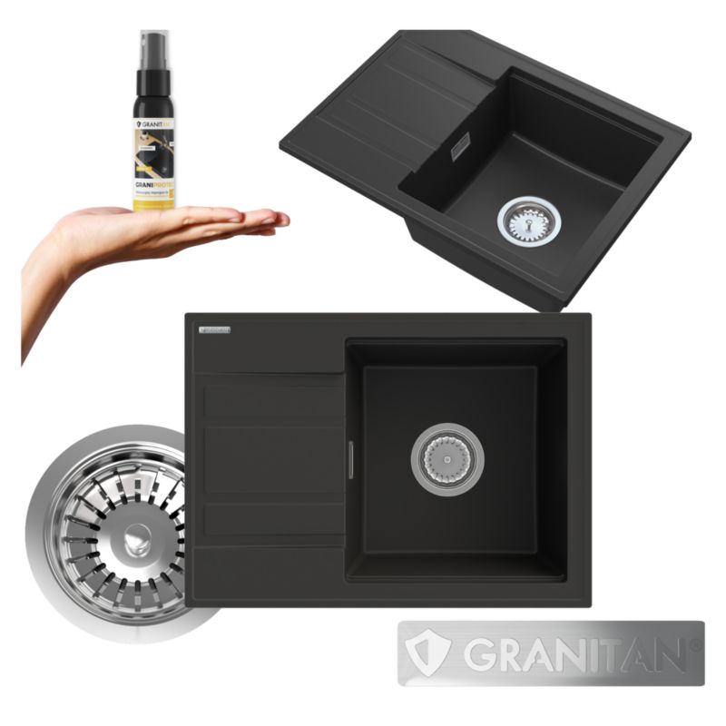 Zlewozmywak Granitowy Jednokomorowy Z Ociekaczem Granitan Wetar Czarny Zestaw Zlew Syfon 1 szt.