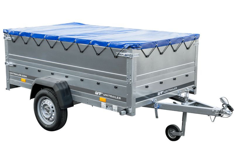 Przyczepka samochodowa Unitrailer na resorach 230x125 GARDEN 230/R KIPP z burtami BIS, stelażem H-0 i pokrowcem niebieskim 1 szt.