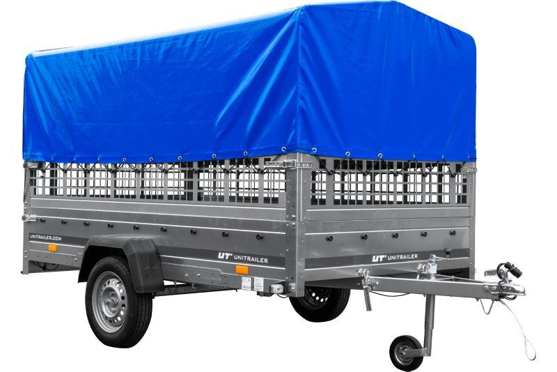 Przyczepka samochodowa Unitrailer na resorach 264x150 GARDEN 265/R KIPP z burtami siatkowymi, stelaż H-800 i pokrowcem 1 szt.