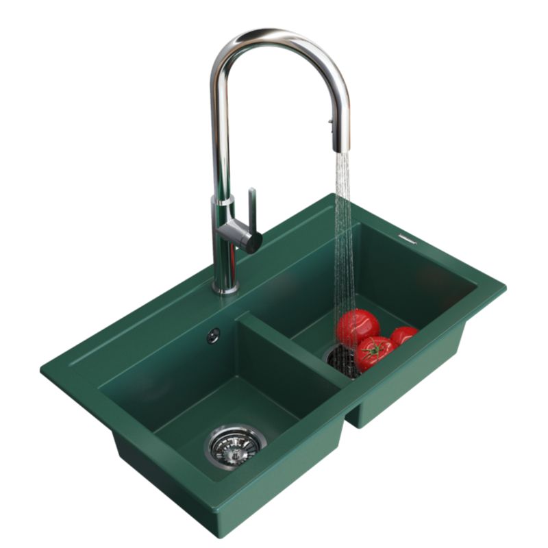 Zlewozmywak Granitowy Dwukomorowy Granitan Duet Butelkowa Zieleń Zestaw Zlew Bateria Syfon 1 kpt.