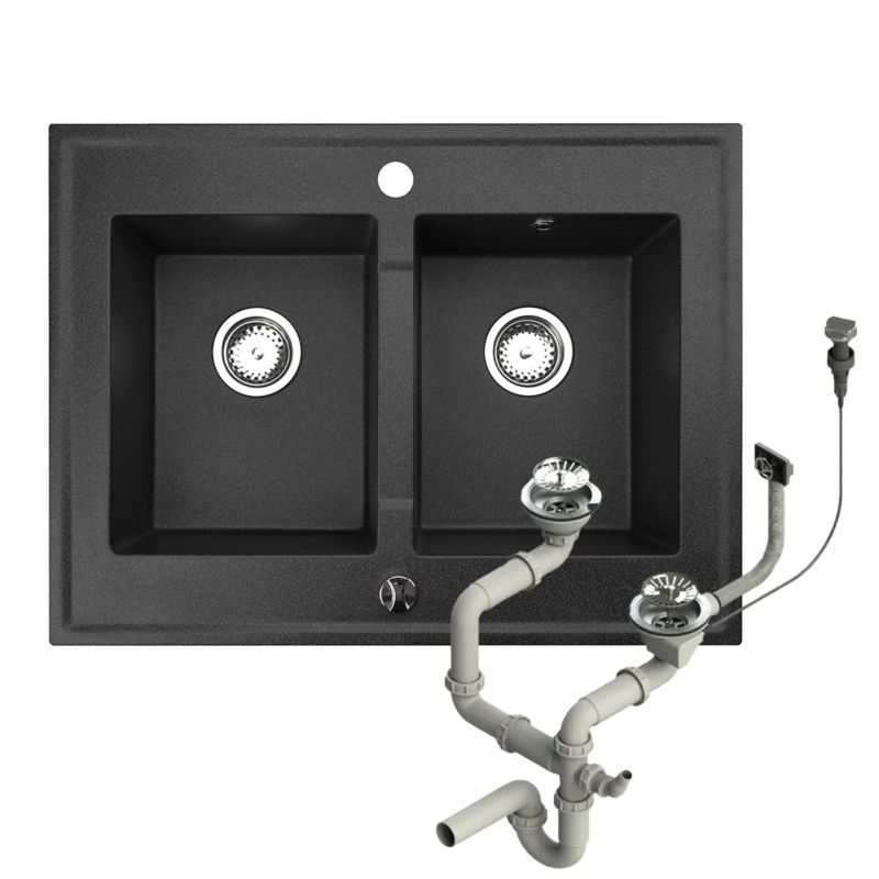 Zlewozmywak granitowy Brenor Grande czarny 80 x 60 cm dwukomorowy nakładany z syfonem automatycznym 1 szt