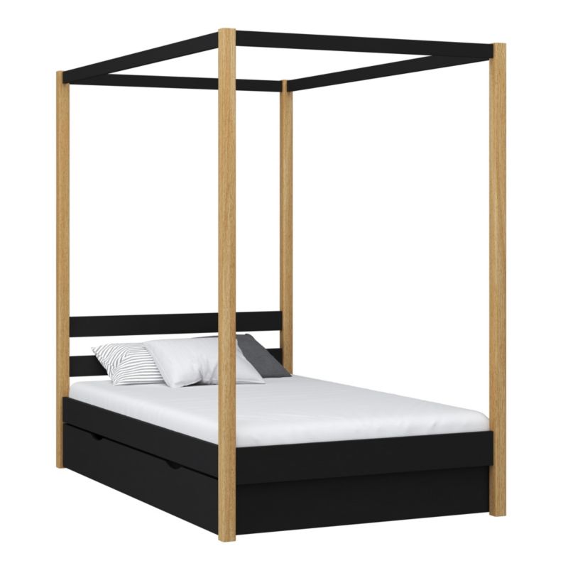 Drewniane łóżko N-WOOD pojedyncze z baldachimem i szufladą N01 czarno dębowy 80x180 1szt.