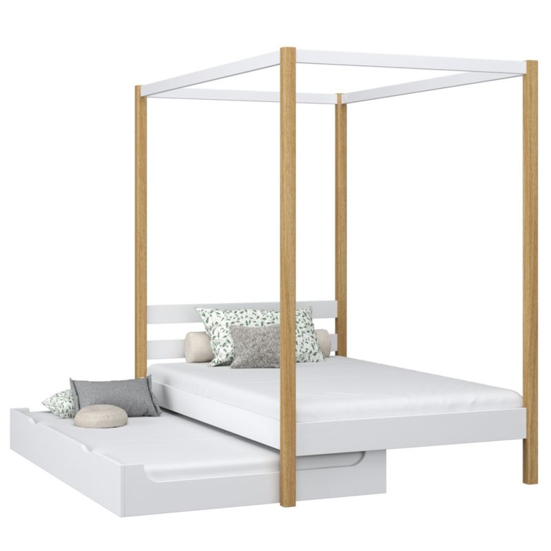 Drewniane łóżko N-WOOD pojedyncze z baldachimem i szufladą na dodatkowy materac N01 biało dębowy 80x180 1szt.
