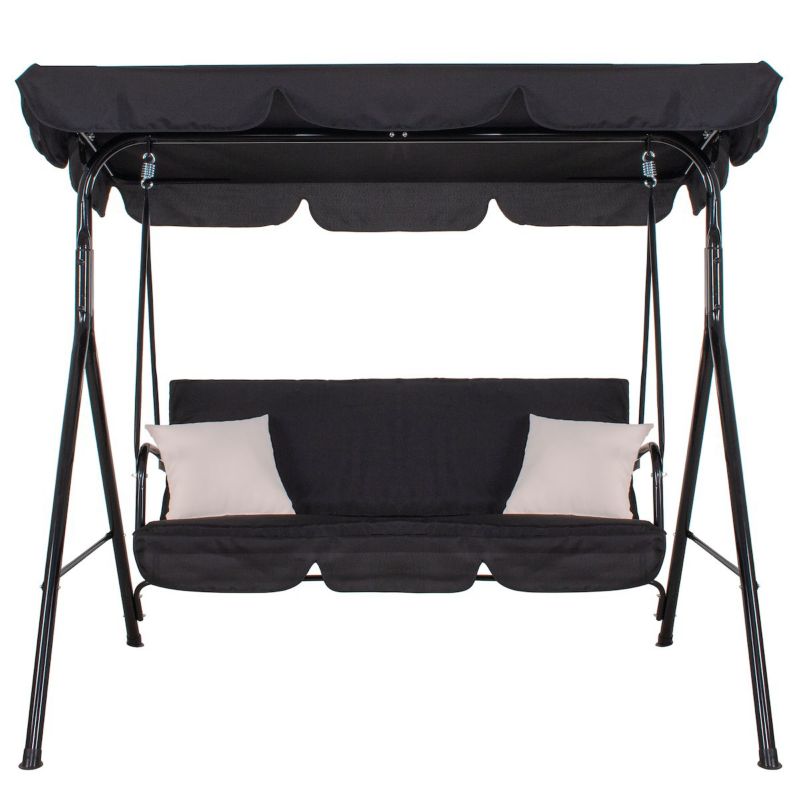 Huśtawka ogrodowa Springos 3-osobowa z daszkiem i poduszkami czarna 1 szt.