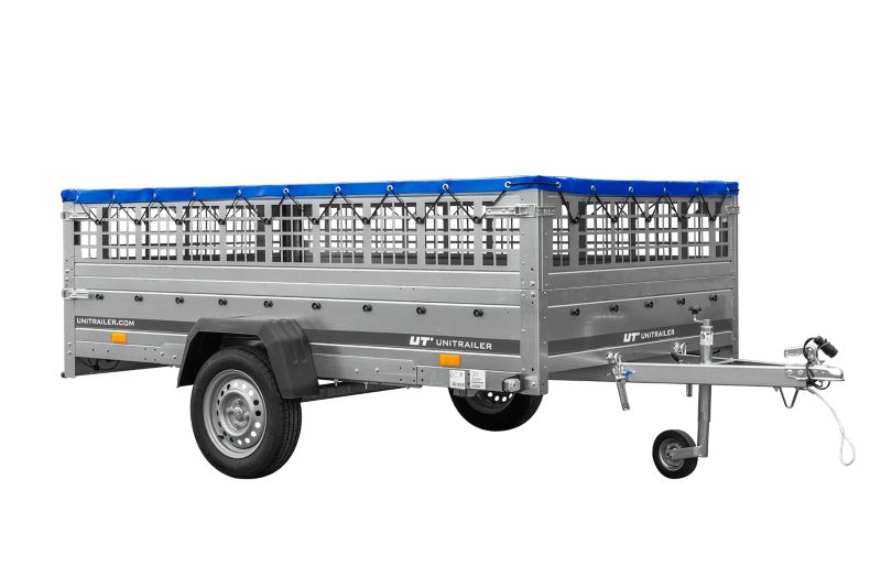 Przyczepka samochodowa Unitrailer na resorach 264x150 GARDEN 265/R KIPP z burtami siatkowymi, stelaż H-0 i pokrowcem 1 szt.