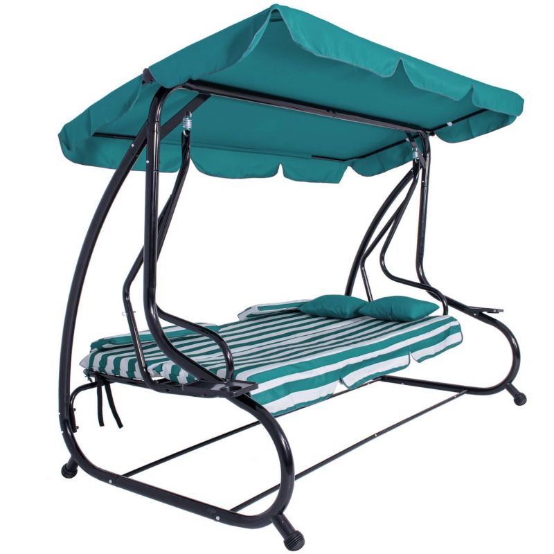 Huśtawka ogrodowa z daszkiem Springos leżanka z poduszkami rozkładana w paski morski 1 szt.