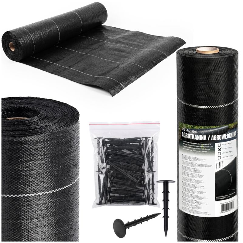 Agrowłóknina na chwasty Be-active.pl mocna 1x50m 135g/m² na rabaty pod tuje z 50 kołkami czarna 1 szt.