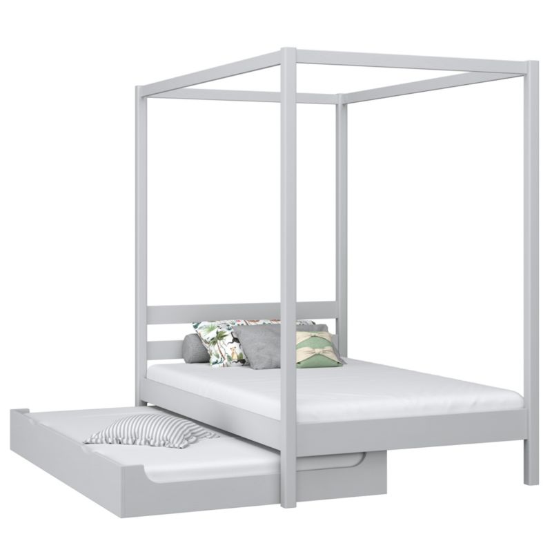 Drewniane łóżko N-WOOD pojedyncze z baldachimem i szufladą na dodatkowy materac N01 popielaty 80x180 1szt.