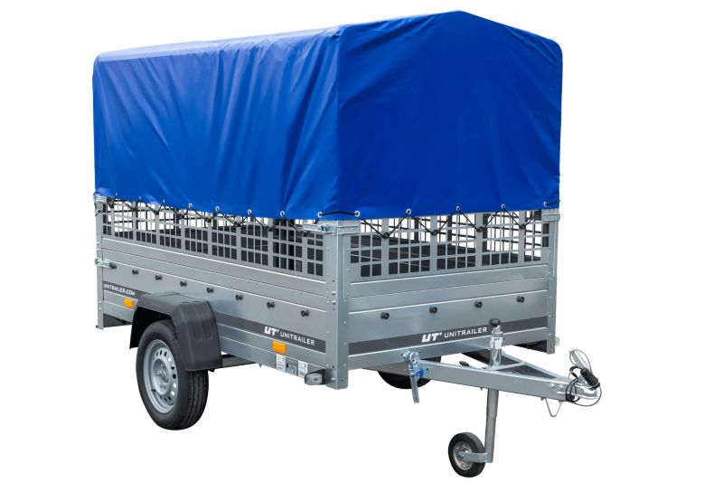 Przyczepka samochodowa Unitrailer na resorach 230x125 GARDEN 230/R KIPP z burtami siatkowymi stelażem H-800 i pokrowcem 1 szt.