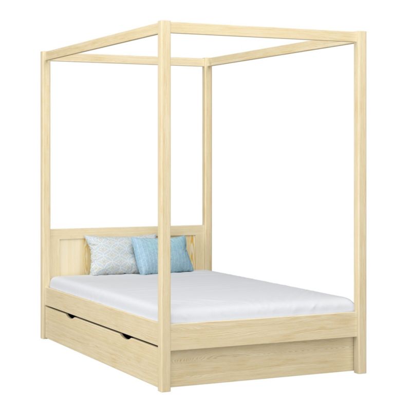 Drewniane łóżko N-WOOD pojedyncze z baldachimem i szufladą N02 sosna bezbarwna 80x180 1szt.