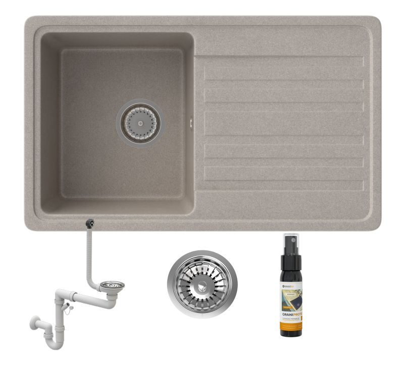 Zlewozmywak Granitowy Jednokomorowy Z Ociekaczem Granitan Lemon Beżowy Syfon 1 kpl.