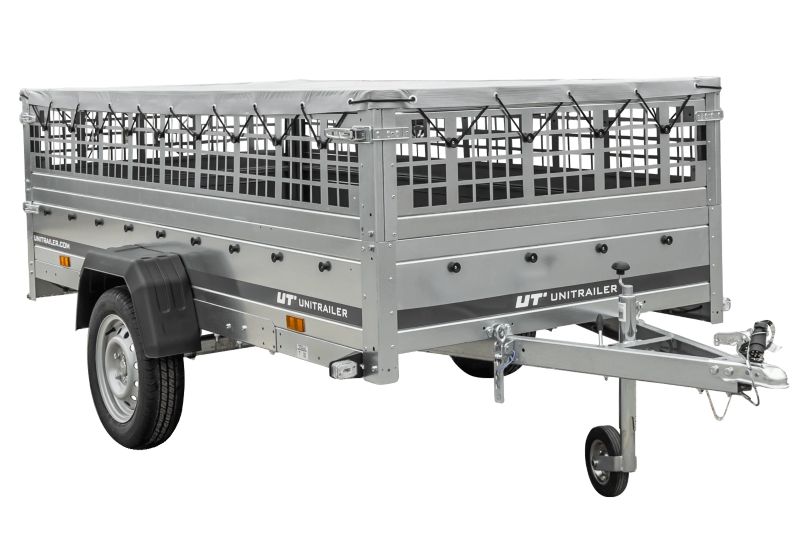 Przyczepka samochodowa Unitrailer na resorach 264x125 GARDEN 264/R KIPP z burtami siatkowymi, stelażem H-0 i plandeką szarą 1 szt.