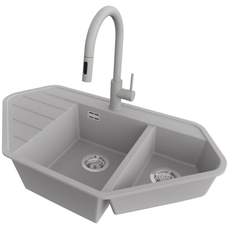 Zlew Granitowy Narożny Kopenhaga Corner PRIMAGRAN Nablatowy 90x50cm do szafki od 70cm, Szary + Bateria + Syfon, S019, 1 szt.