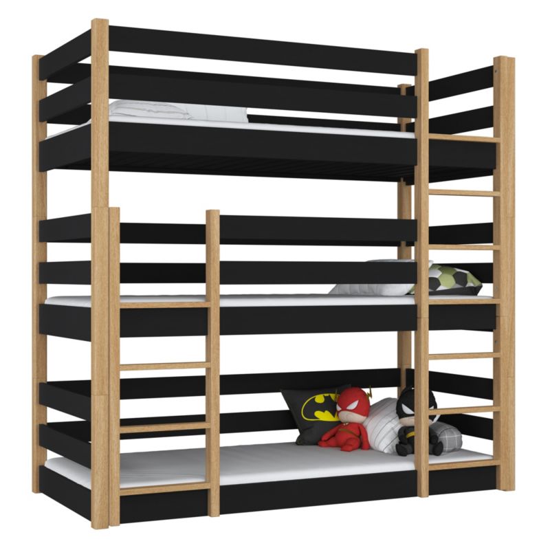 Drewniane łóżko N-WOOD 3-piętrowe N01 czarny / dąb naturalny 80x180 1szt.