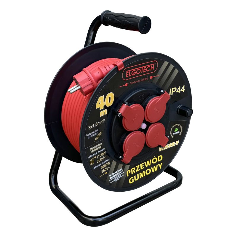 Przedłużacz bębnowy gumowy Elgotech z uziemieniem IP44 4 gniazda 3 x 1,5 mm2 40 m