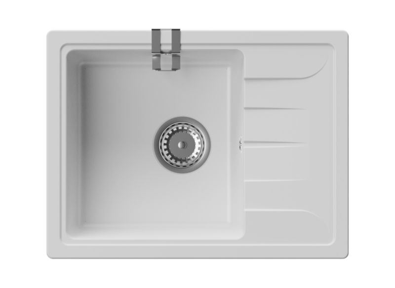 Zlewozmywak granitowy GranMaster Gracia 580x440x164 mm z uchwytem na gąbkę jednokomorowy z ociekaczem, biały 1 szt.