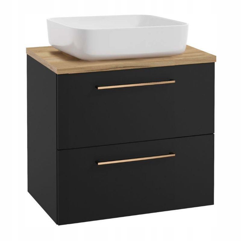 Szafka Łazienkowa Stamar Czarna Mat 600 mm z Blatem Dąb Złoty i Umywalką SoftClose 1 szt