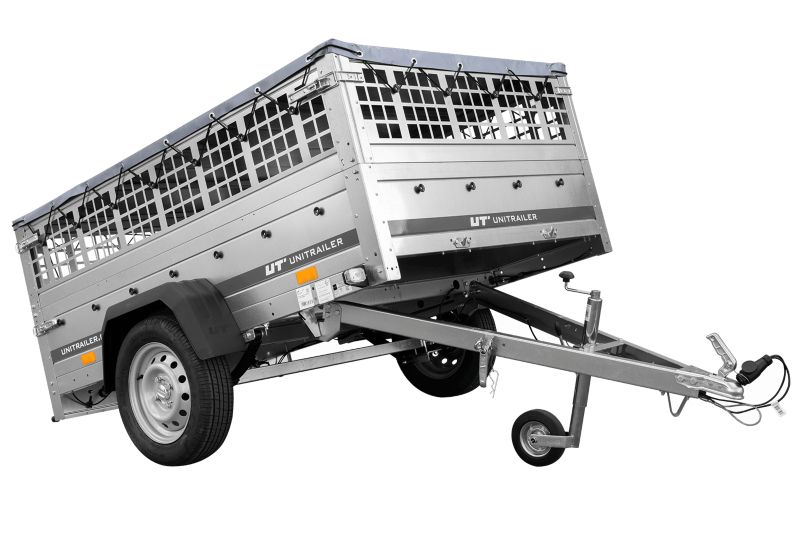 Przyczepka samochodowa Unitrailer GARDEN 201/R KIPP na resorach 200x125 z burtami siatkowymi stelażem H0 i pokrowcem szarym 1 szt.