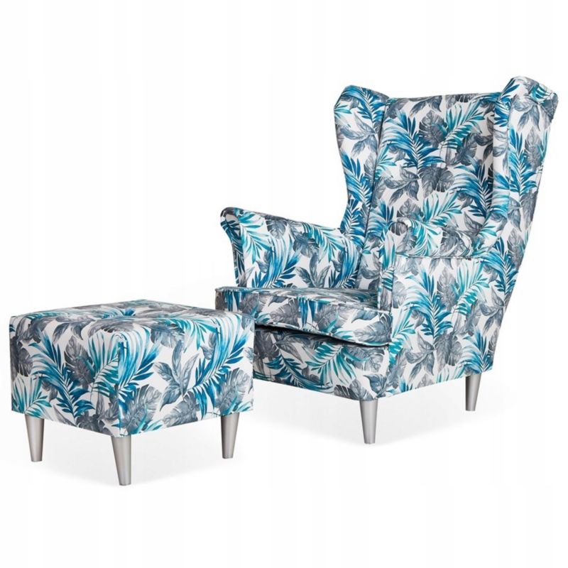 Fotel uszak do salonu z podnóżkiem Family Meble ARI PRINT liście 1szt