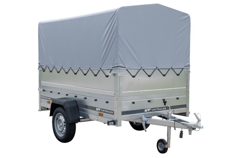 Przyczepka samochodowa Unitrailer na resorach 230x125 GARDEN 230/R KIPP z burtami BIS, stelażem H-800 i pokrowcem szarym 1 szt.