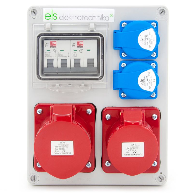 Rozdzielnica budowlana ELS Elektrotechnika 4NO21B11B1 2x230V 16A/5 32A/5, skrzynka naścienna IP65, zabezpieczona, 1 szt.