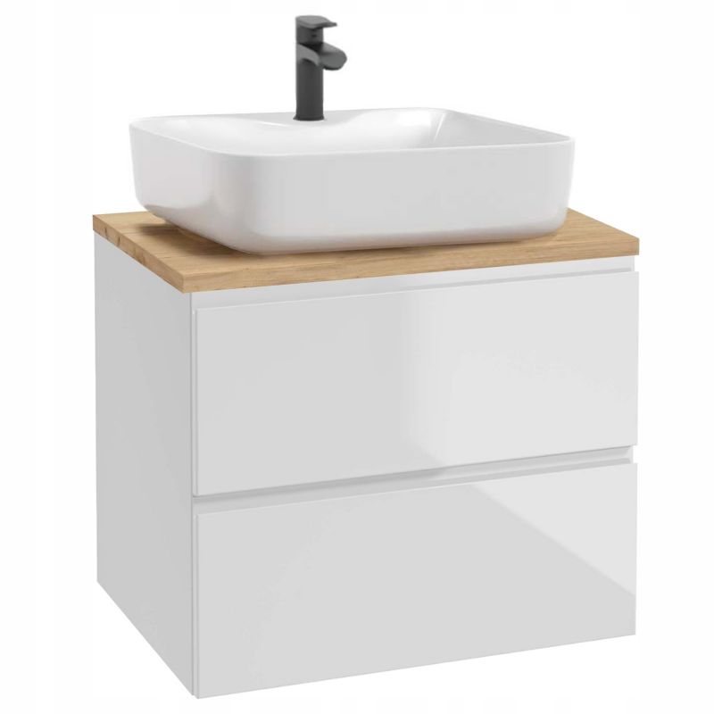 Szafka Łazienkowa Stamar Biała Połysk 600 mm z Blatem Dąb Złoty i Umywalką z Otworem 1 szt