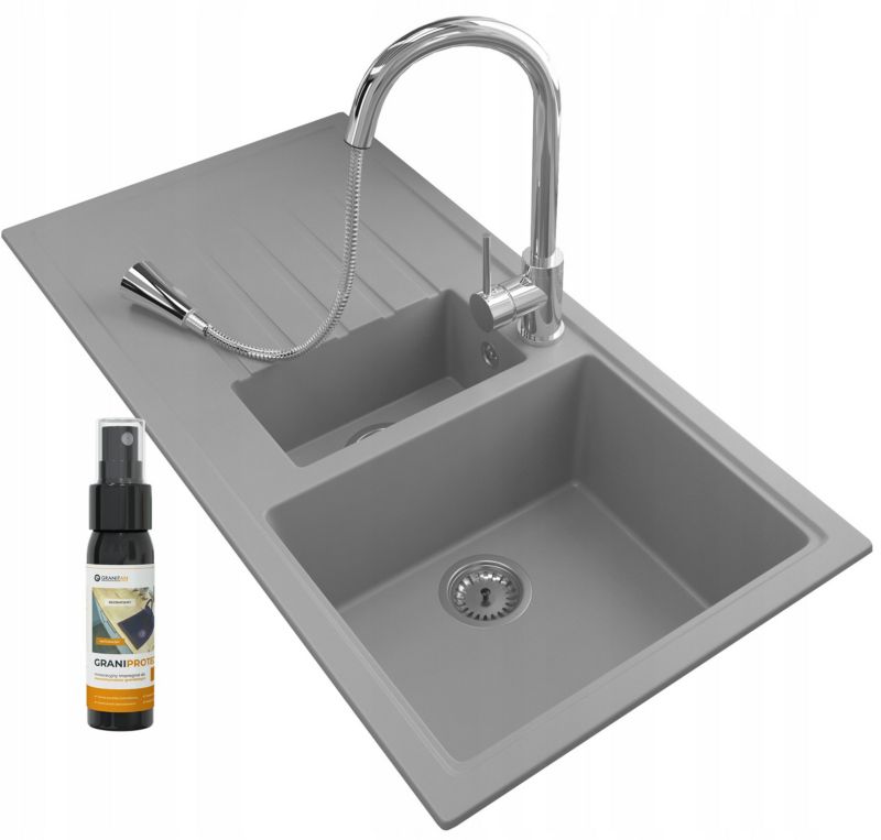 Zlewozmywak Granitowy Solaris Szary Bateria Snake Chrom Syfon Przyścienny Dwukomorowy Chrom Granitan 1 szt.