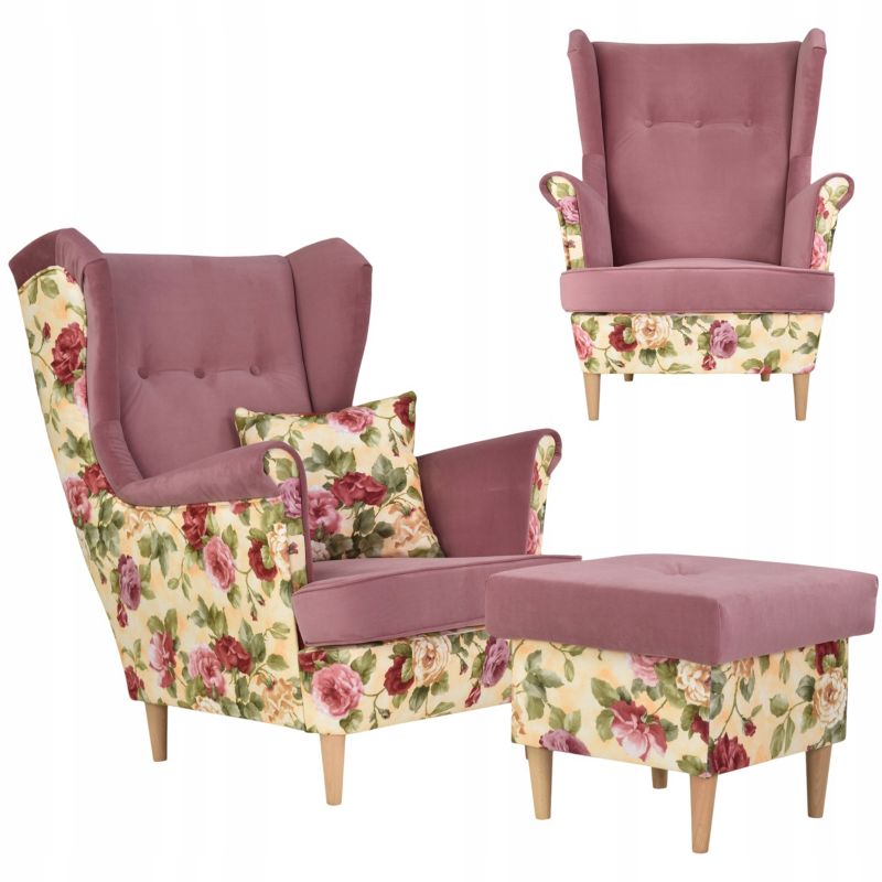 Fotel uszak do salonu z podnóżkiem Family Meble Ari Print Duo różowe kwiaty 1szt