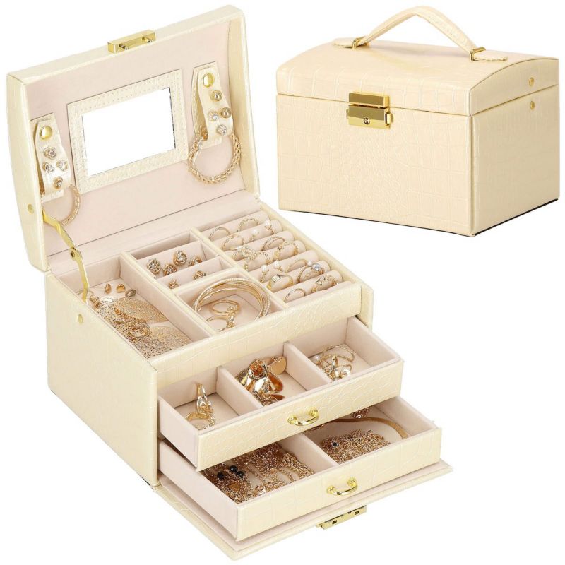 Szkatułka na biżuterię Springos 17,5x14x12,5 cm ecru organizer z przegródkami 1 szt.