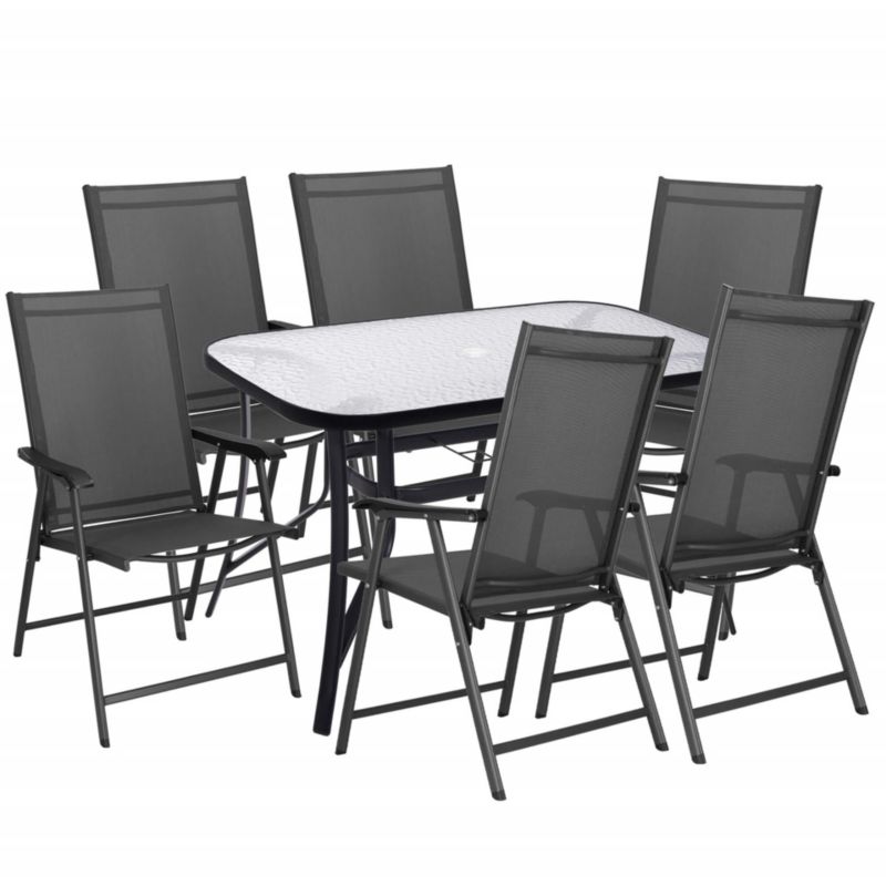 Meble ogrodowe, komplet na balkon dla 6 osób Springos metalowe 6 krzeseł i stół z szkła hartowanego czarno-szary 1 kpl.