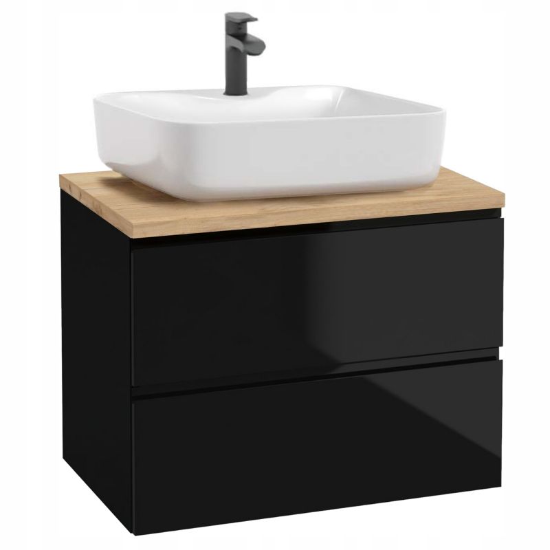 Szafka Łazienkowa Stamar Czarna Połysk 600 mm z Blatem Dąb Złoty i Umywalką z Otworem 1 szt