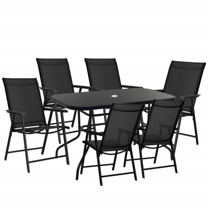 Meble ogrodowe, komplet na balkon dla 6 osób Springos metalowe 6 krzeseł i stół z szkła hartowanego, czarny 1 kpl.