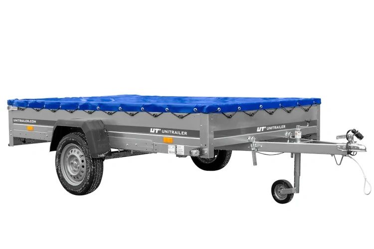 Przyczepka samochodowa jednoosiowa Unitrailer na resorach 264x150 GARDEN 265/R KIPP ze stelażem H-0 i pokrowcem niebieskim 1 szt.