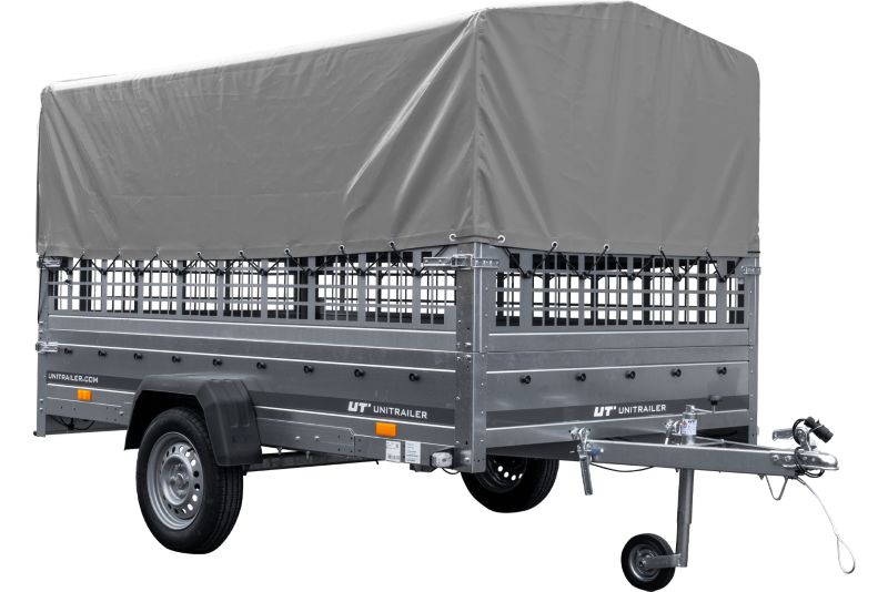 Przyczepka samochodowa Unitrailer na resorach 264x150 GARDEN 265/R KIPP z burtami siatkowymi stelaż H-800 i pokrowcem 1 szt.