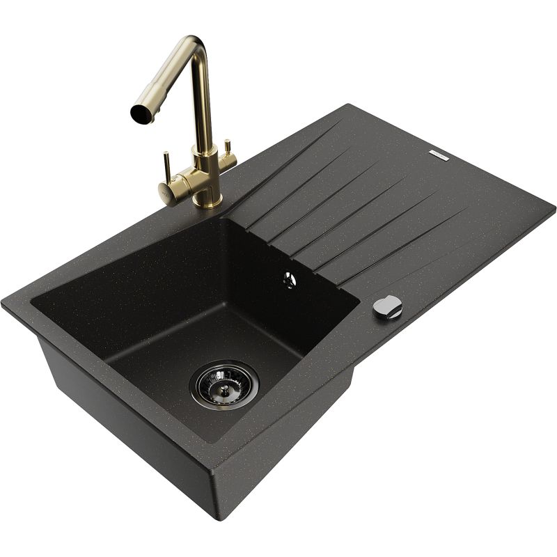 Zlewozmywak granitowy 1-komorowy Mexen Cesar z ociekaczem i baterią kuchenną Duero czarny/złoty metalik 6514-75-671600-50-B
