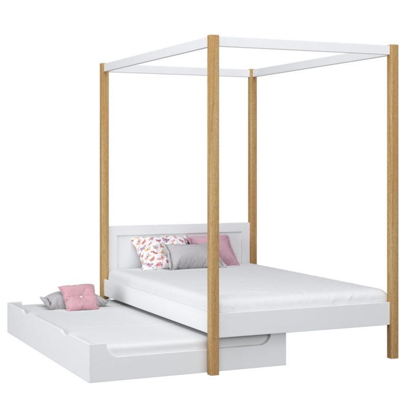 Drewniane łóżko N-WOOD pojedyncze z baldachimem i szufladą na dodatkowy materac N02 biało dębowy 80x190 1szt.