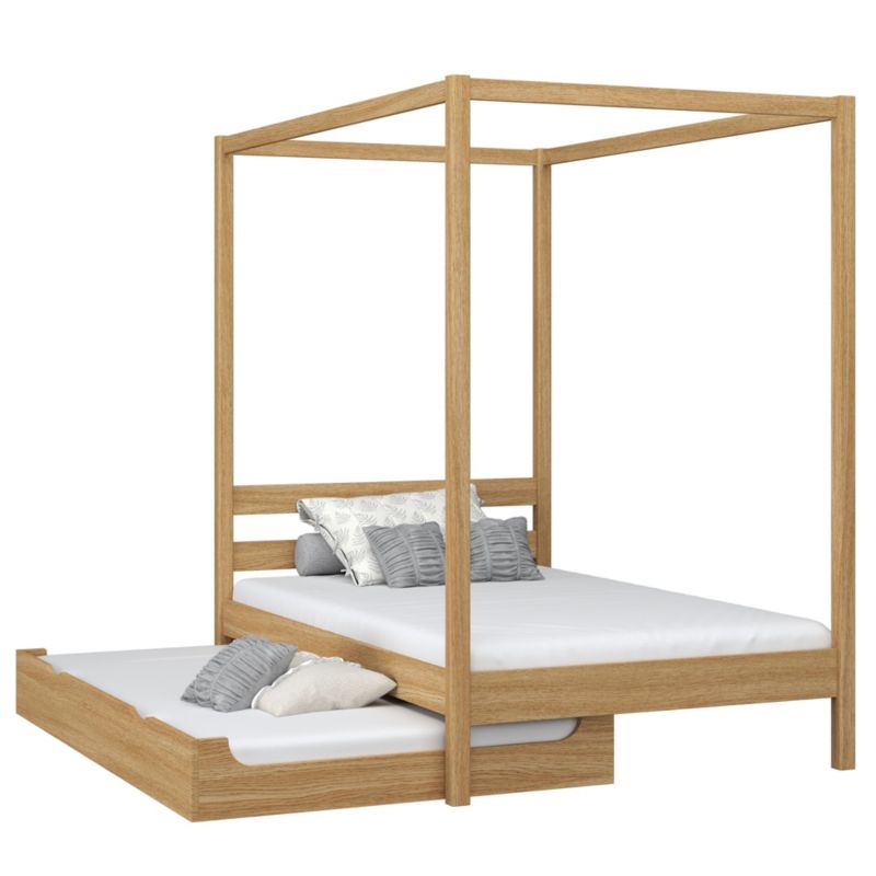 Dębowe łóżko N-WOOD pojedyncze z baldachimem i szufladą na dodatkowy materac N01 dąb naturalny 90x190 1szt.