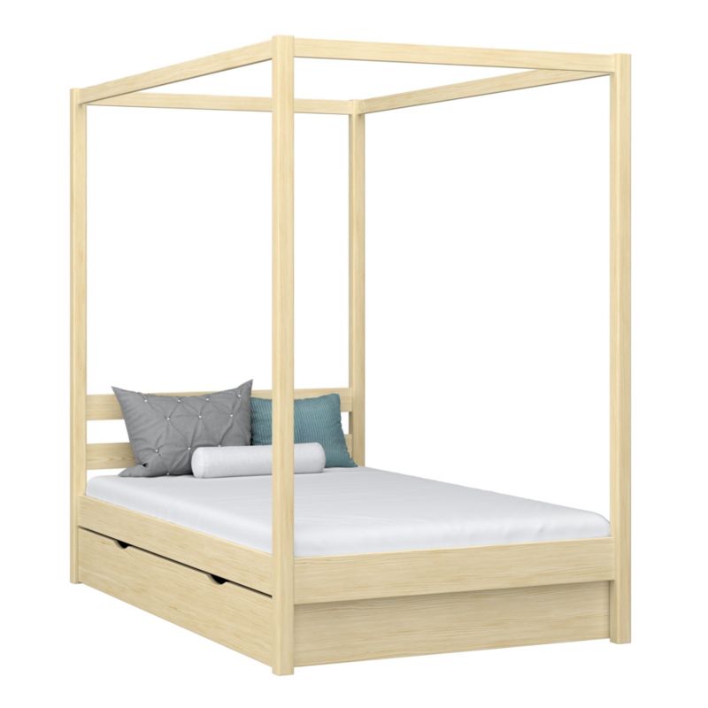 Drewniane łóżko N-WOOD pojedyncze z baldachimem i szufladą N01 sosna bezbarwna 80x200 1szt.