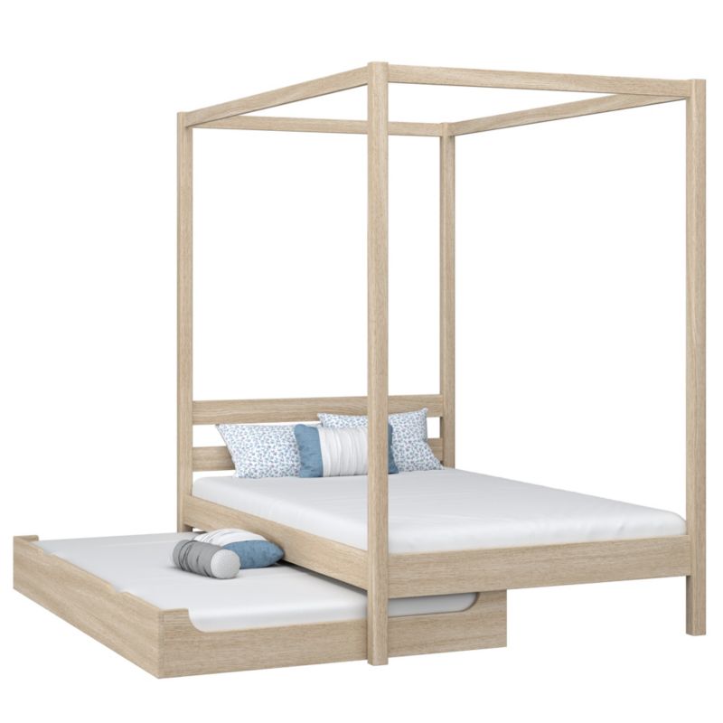 Dębowe łóżko N-WOOD pojedyncze z baldachimem i szufladą na dodatkowy materac N01 dąb bielony 100x200 1szt.