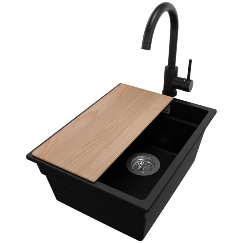 Zlewozmywak Granitowy Praga Slim PRIMAGRAN Nablatowy 36x47cm do szafki od 40cm z Syfonem i Baterią i Dodatkiem Czarny 1 szt.