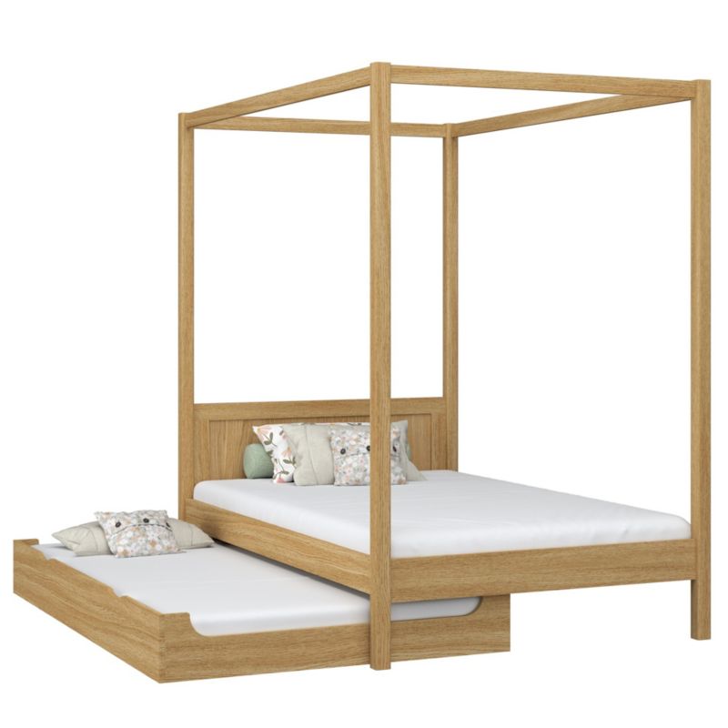 Dębowe łóżko N-WOOD pojedyncze z baldachimem i szufladą na dodatkowy materac N02 dąb naturalny 120x180 1szt.