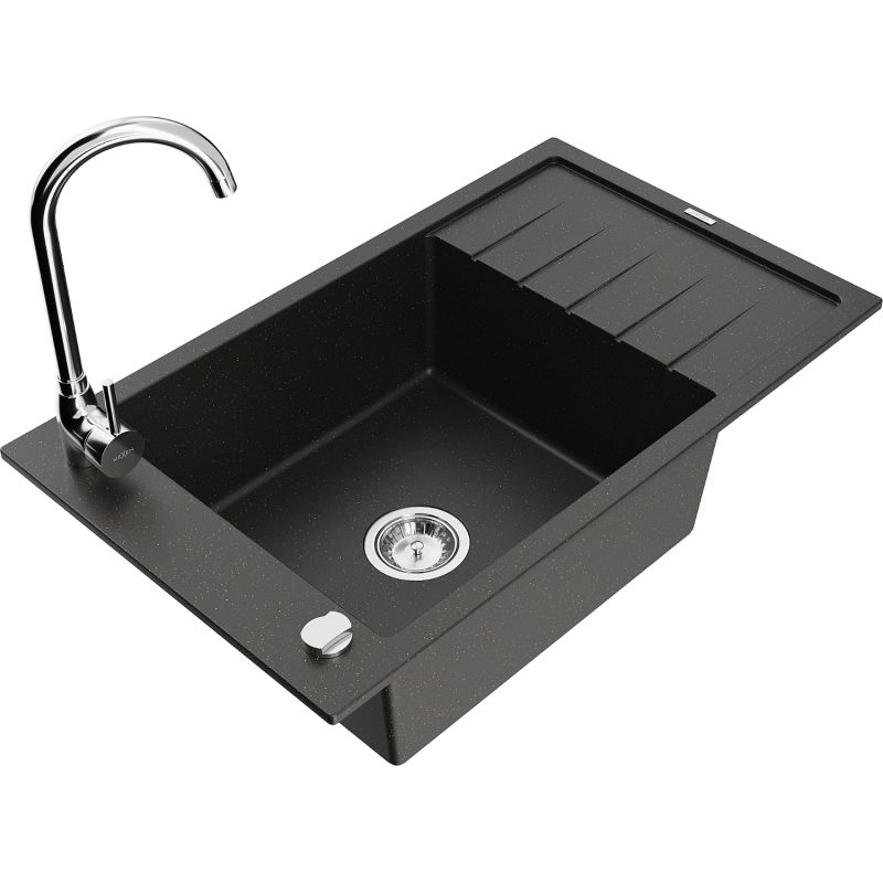 Zlewozmywak granitowy 1-komorowy Mexen Elias z ociekaczem i baterią kuchenną Telma czarny/złoty 6511-75-670200-00