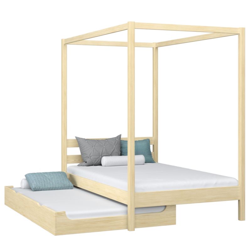 Drewniane łóżko N-WOOD pojedyncze z baldachimem i szufladą na dodatkowy materac N01 sosna bezbarwna 100x190 1szt.