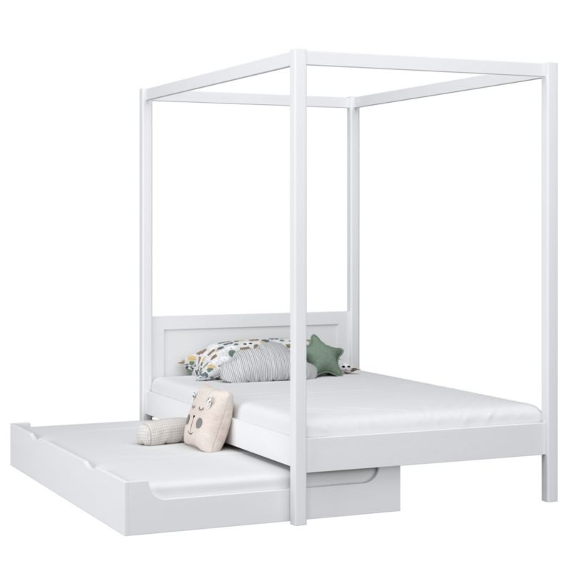 Drewniane łóżko N-WOOD pojedyncze z baldachimem i szufladą na dodatkowy materac N02 biały 80x200 1szt.