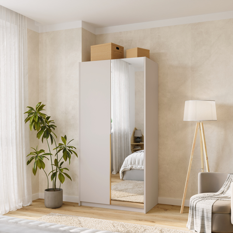 Kaszmirowa dwudrzwiowa szafa uchylna z lustrem i półkami 100 cm ASAN