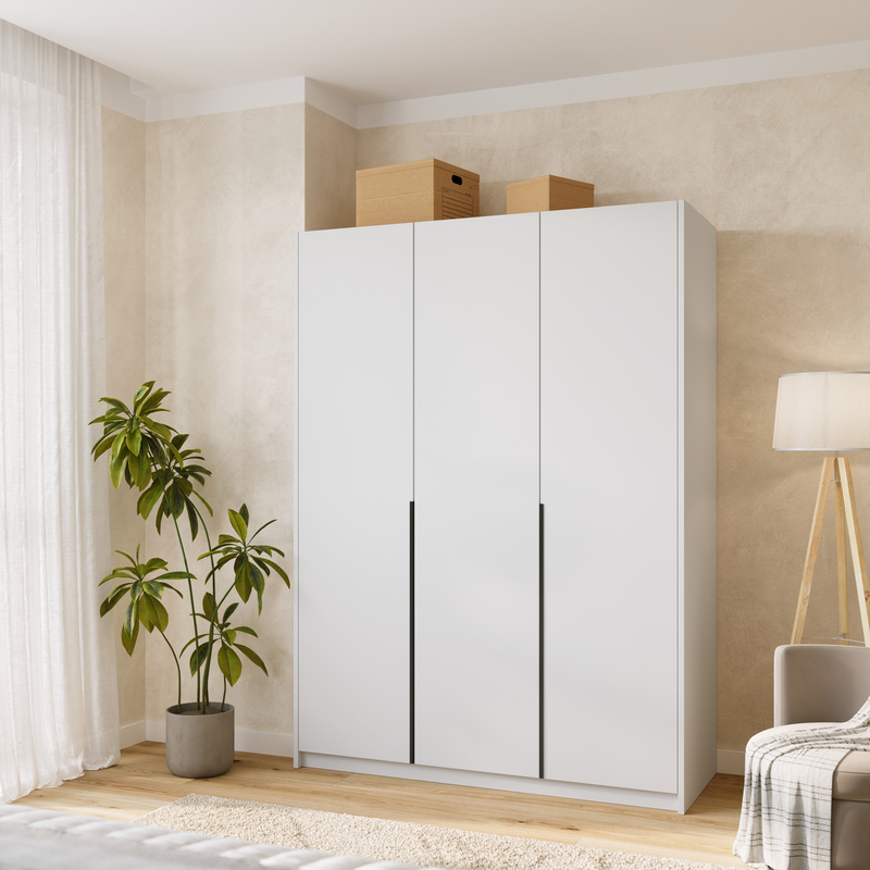 Trzydrzwiowa szafa uchylna z półkami i drążkami 150 cm ASAN biała