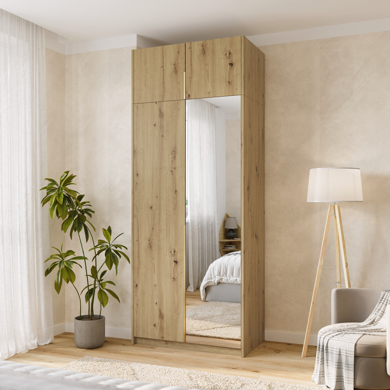 Wysoka dwudrzwiowa szafa uchylna z lustrem 100 cm ASAN dąb artisan