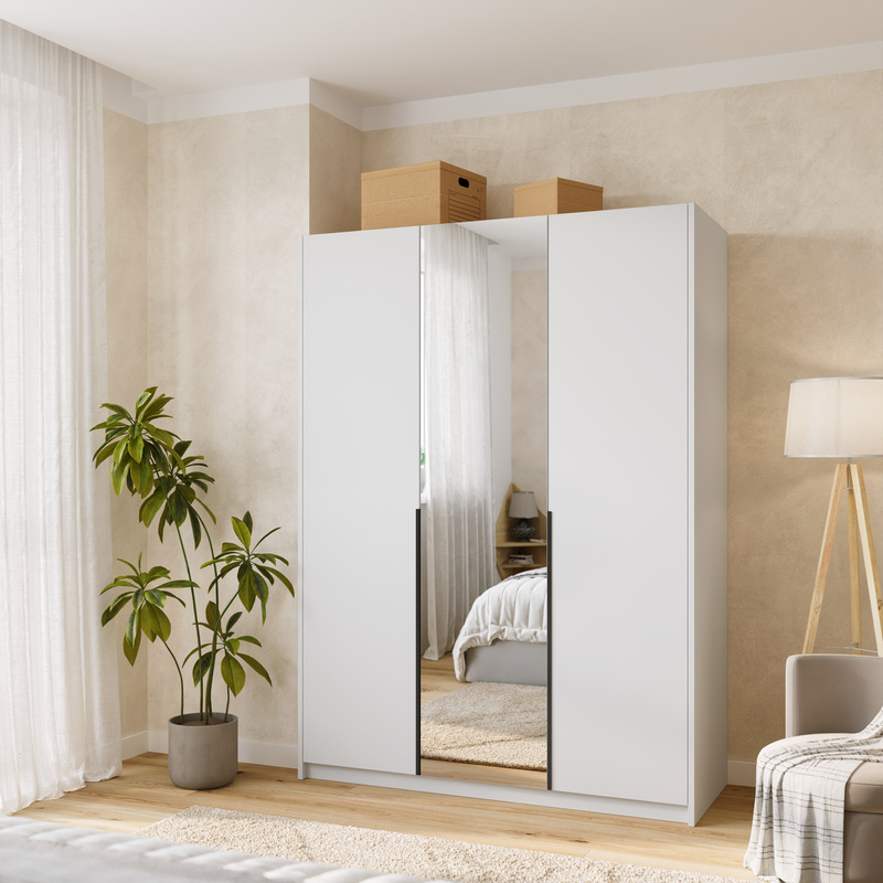 Trzydrzwiowa biała szafa uchylna z lustrem 150 cm ASAN